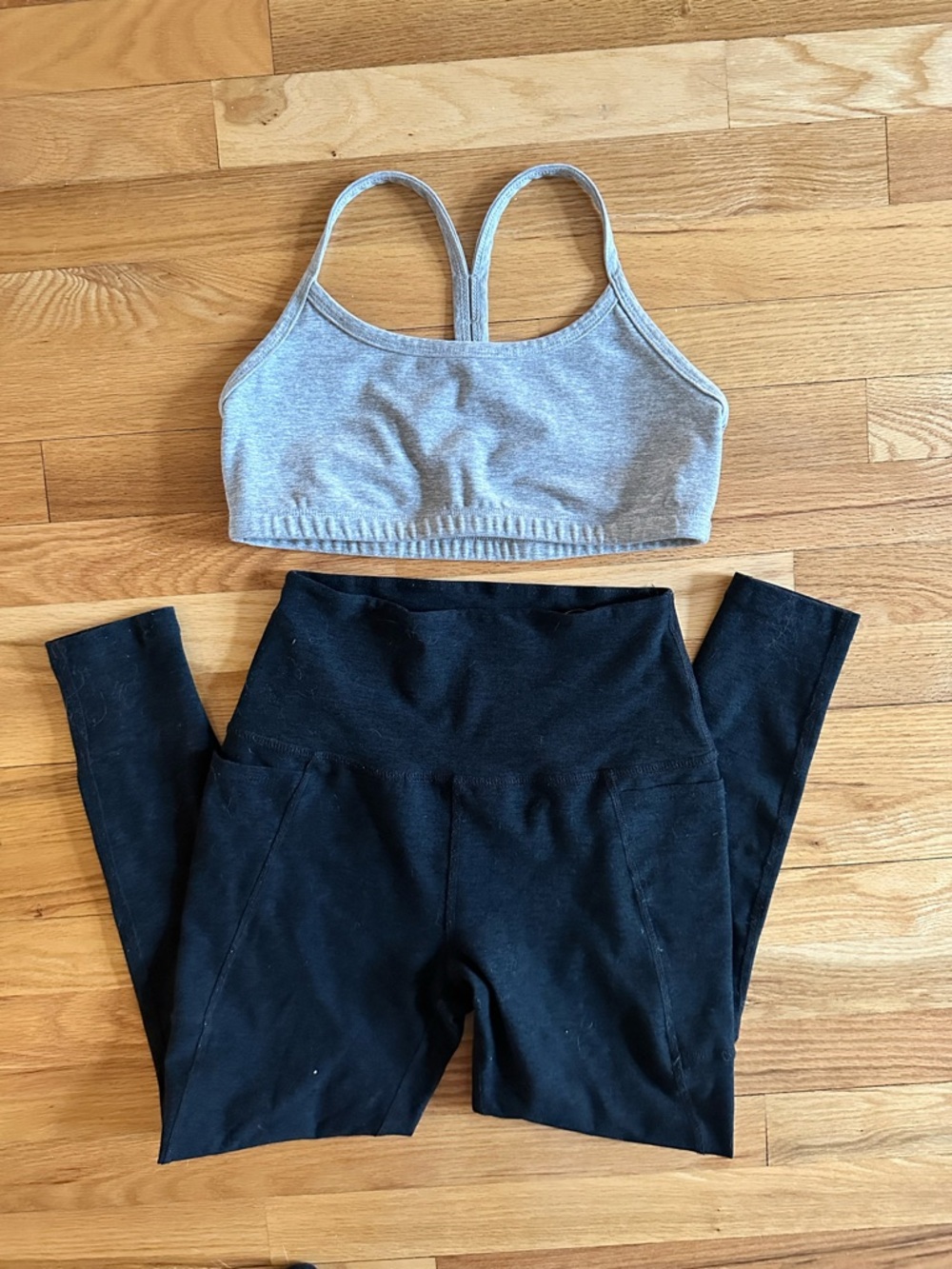 Beyond Yoga Spacedye Gray Racerback Sports Bra and Black High-Waist Leggings Set